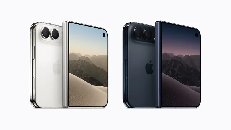 Dois iPhone Duo abertos, um prateado e um azul-marinho, mostrando a tela interna dobrável e as câmeras traseiras