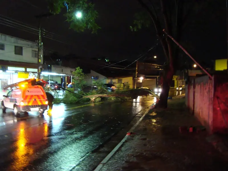 Árvore caída sobre uma rua molhada à noite, com um veículo de equipe de manutenção ao lado e fios de poste balançando