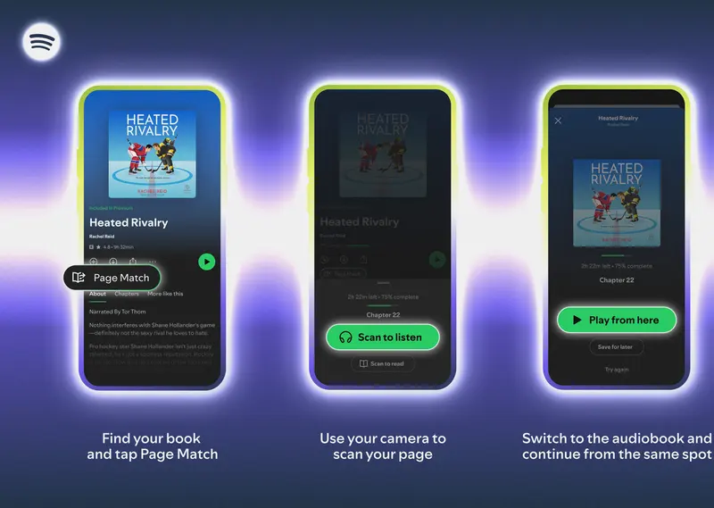 Três telas do aplicativo do Spotify mostrando um audiolivro e o recurso Page Match, que escaneia a página do livro para retomar o áudio do mesmo ponto